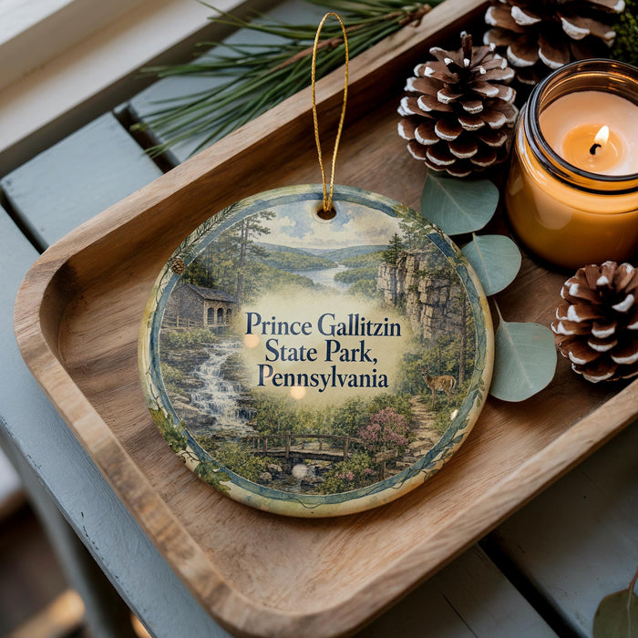 A decorative ornament featuring a scenic landscape of Prince Gallitzin State Park, Pennsylvania, with a candle and pine cones on a wooden tray.