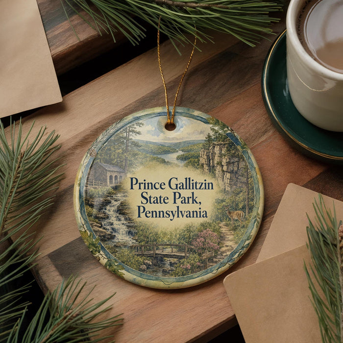 A decorative ornament featuring a scenic landscape of Prince Gallitzin State Park, Pennsylvania, with a waterfall and forest in the background.