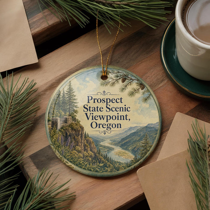 A circular ornament with a scenic mountain landscape and a river, featuring the text "Prospect State Scenic Viewpoint, Oregon".