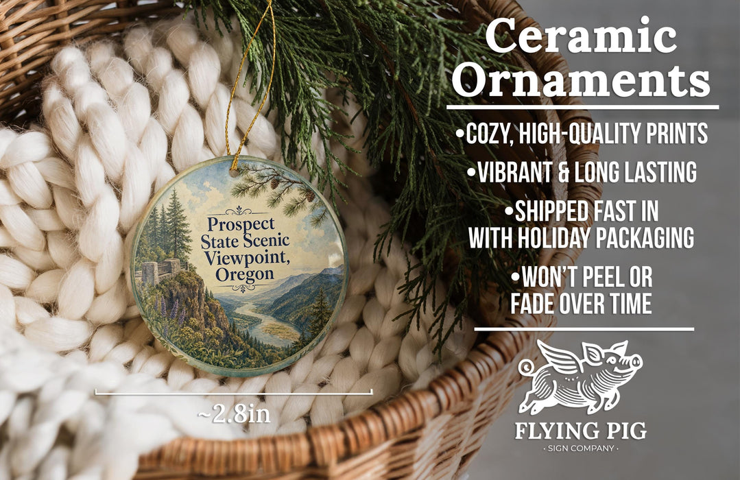 Ceramic ornaments, featuring a scenic landscape, are displayed in a woven basket.