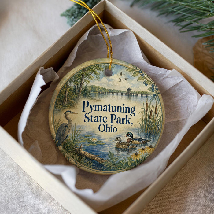 A decorative ornament in a box, featuring a serene scene of ducks swimming in a pond surrounded by trees and a bridge.