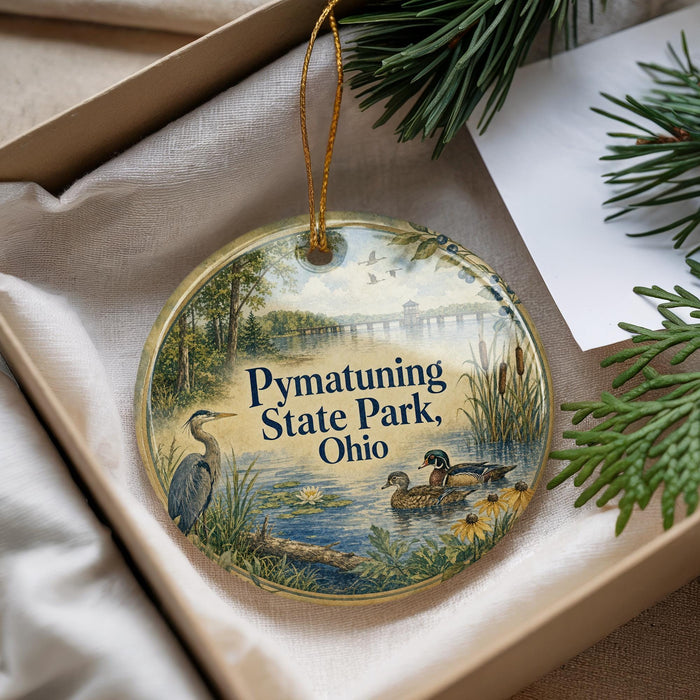 A decorative ornament in a box, featuring a scenic image of a pond with ducks and trees, along with the text "Pymatuning State Park, Ohio".
