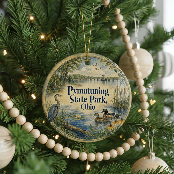 A round ornament hanging on a Christmas tree, featuring a scenic image of a lake and wildlife.