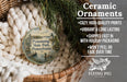 Ceramic ornaments, including a round ornament with a scenic image of Pymatuning State Park, Pennsylvania, hanging from a wicker basket.