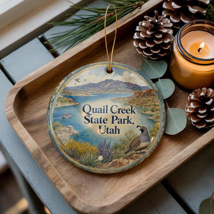 A decorative ornament featuring a scenic image of Quail Creek State Park in Utah, with pine cones and a lit candle on a wooden tray.