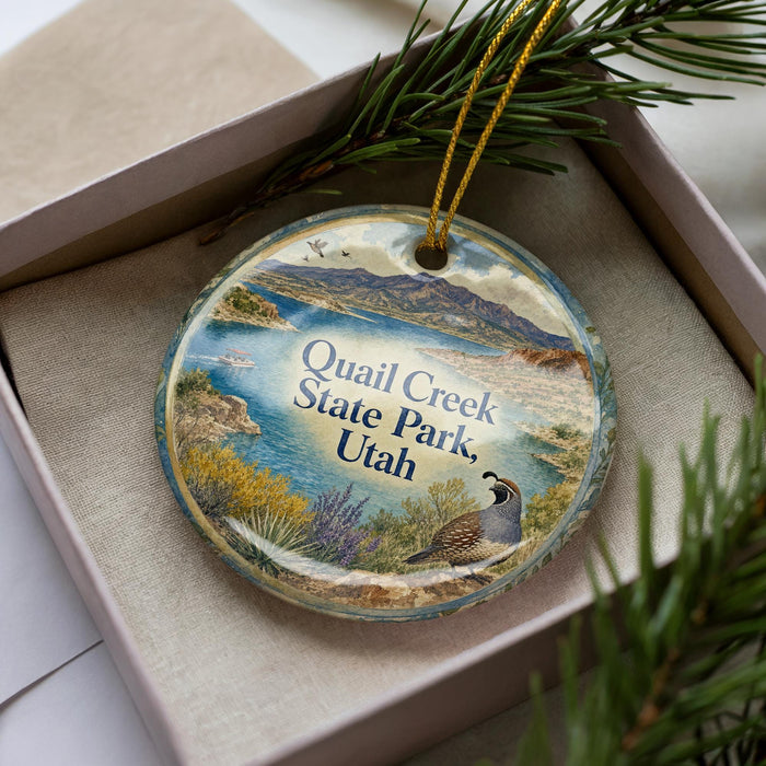 A decorative ornament featuring a scenic image of Quail Creek State Park in Utah, with a bird perched on a rock in the foreground.