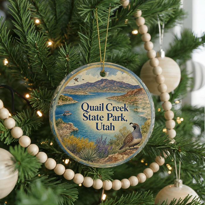 A Christmas tree ornament featuring a scenic image of Quail Creek State Park in Utah, with a bird perched on a rock in the foreground.