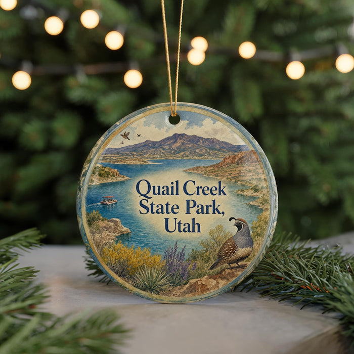 A round ornament with a scenic image of Quail Creek State Park in Utah, featuring a bird, mountains, and a lake.
