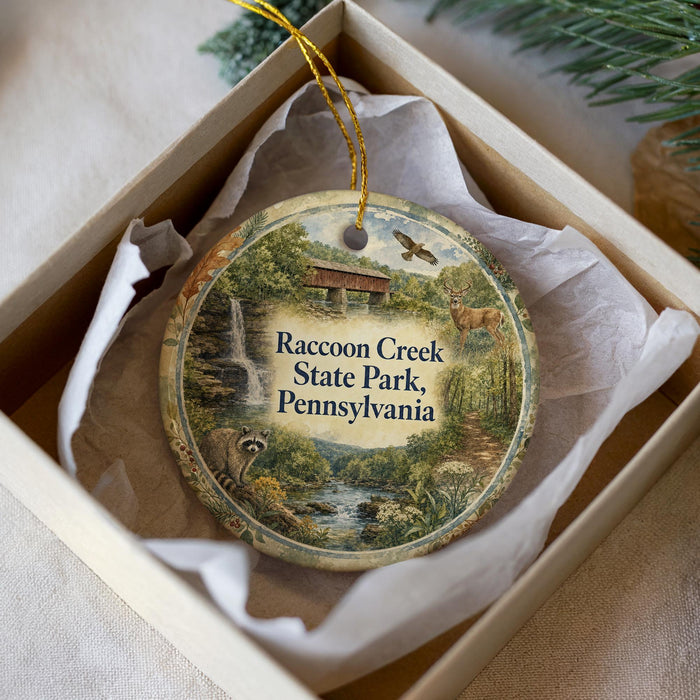A decorative ornament in a box, featuring an illustration of a scenic landscape with a bridge, animals, and a waterfall.