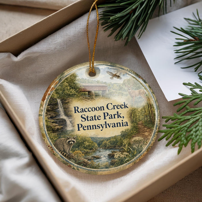 A decorative ornament with a scenic image of raccoon Creek State Park, Pennsylvania, hanging from a string.