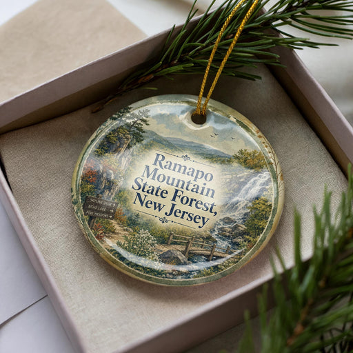 A decorative ornament in a box, featuring a scenic landscape with mountains, forests, and a waterfall.