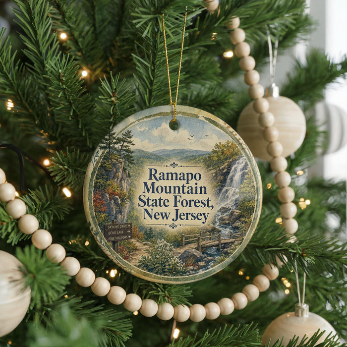 A round ornament hanging on a Christmas tree, featuring a scenic image of Ramapo Mountain State Forest in New Jersey.