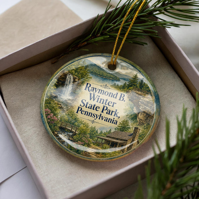 A decorative ornament with a scenic image of Raymond Winter State Park in Pennsylvania, featuring a waterfall, pine trees, and a cabin.
