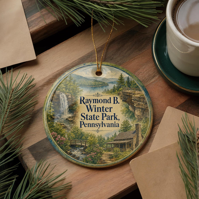 A circular ornament with a scenic image of Raymond B. Winter State Park, Pennsylvania, hanging on a wooden surface.