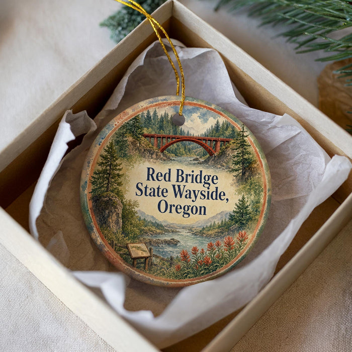 A decorative ornament in a white box, featuring a scenic landscape with a bridge and trees, along with the text "Red Bridge State Wayside, Oregon".