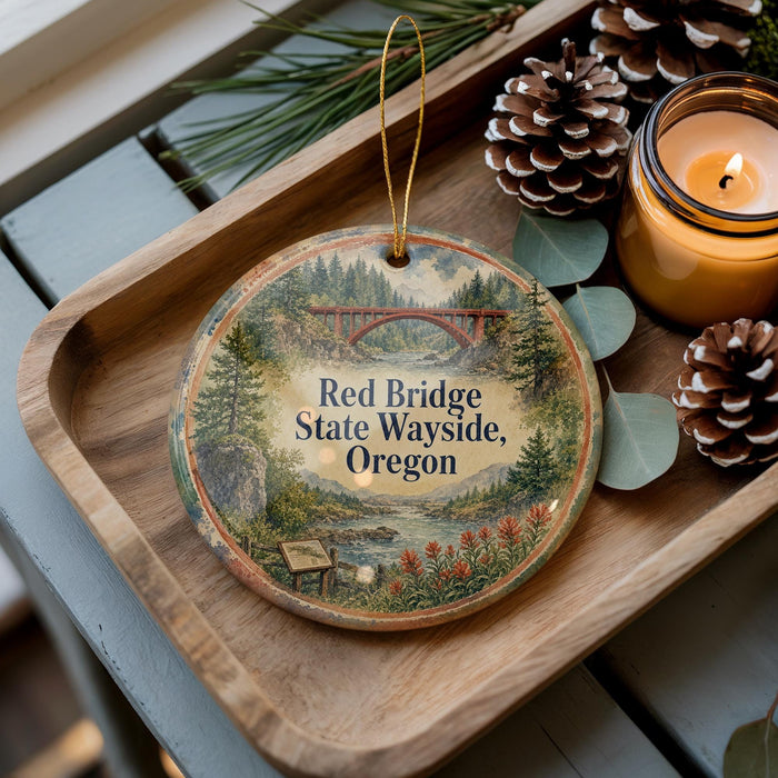 A wooden tray with a decorative ornament featuring a scenic landscape of the Red Bridge in Oregon, accompanied by pine cones and a lit candle.