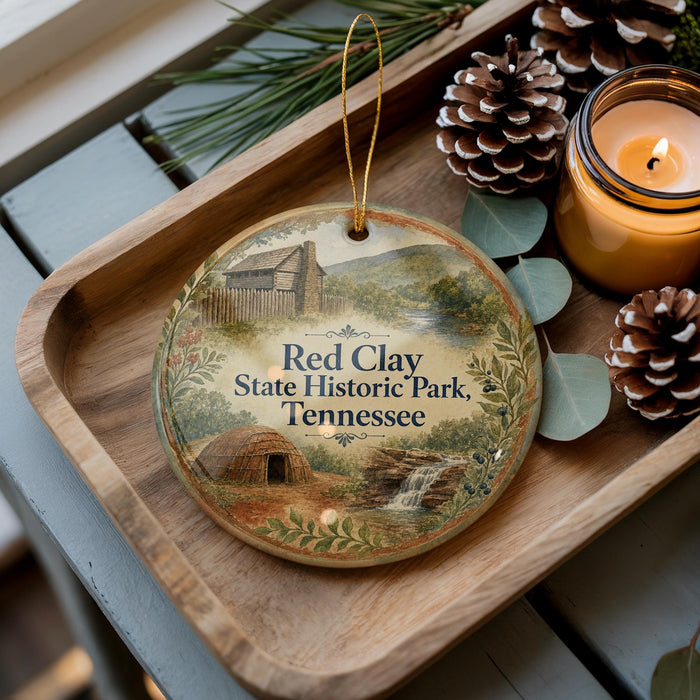 A wooden tray with a decorative ornament featuring a rural scene and the text "Red Clay State Historic Park, Tennessee".