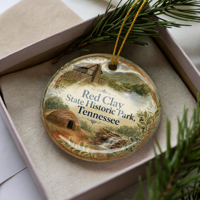 A decorative ornament in a box, featuring a scenic image of Red Clay State Historic Park in Tennessee.