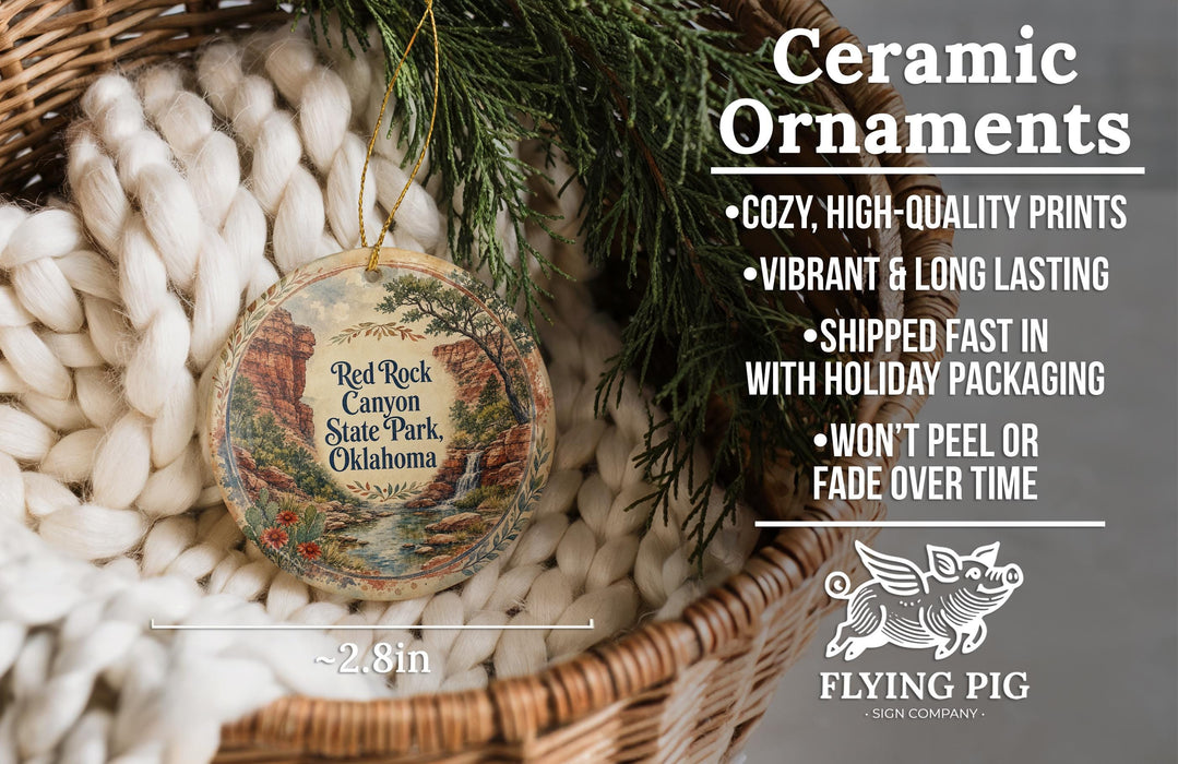 Ceramic ornaments, featuring a decorative design of the Red Rock Canyon State Park in Oklahoma, are displayed in a woven basket.