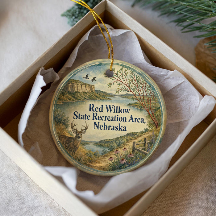 A decorative ornament in a white box, featuring a scenic landscape with a river, mountains, and wildlife.