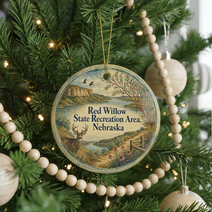 A round ornament hanging on a Christmas tree, featuring a scenic landscape with a river, mountains, and wildlife.