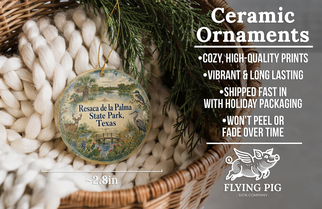 Ceramic ornaments, featuring a round ornament with a scenic image of Resaca de la Palma State Park, Texas, hanging from a wicker basket.