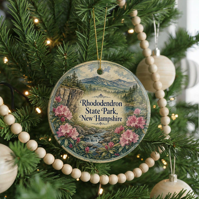 A round ornament hanging on a Christmas tree, featuring a scenic landscape of mountains, pine trees, and pink flowers.