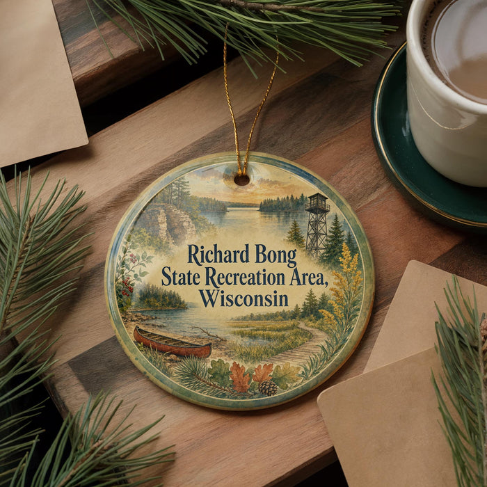 A decorative ornament with a scenic landscape of a lake, mountains, and pine trees, along with a canoe and a cabin, is displayed on a wooden surface.