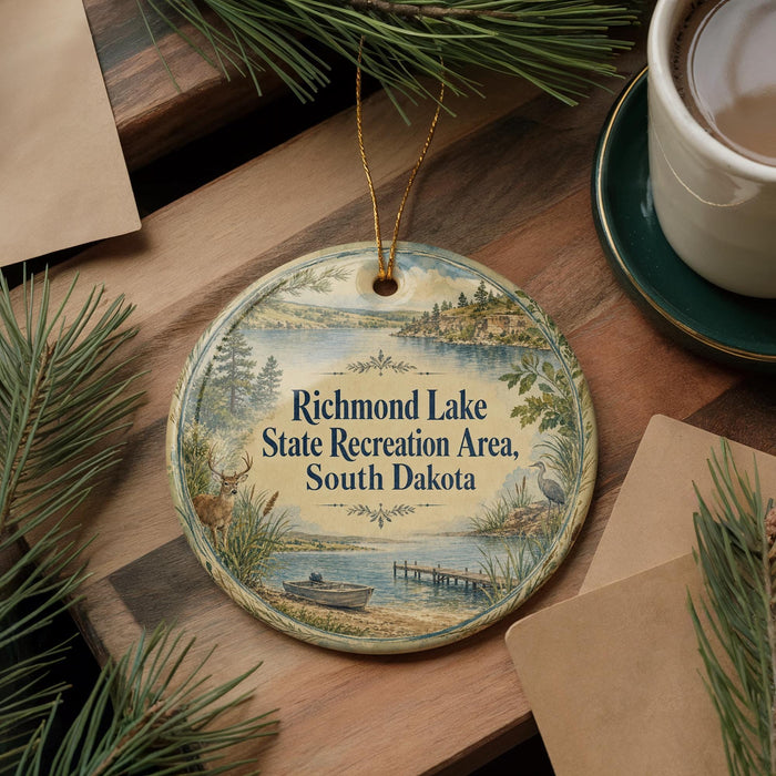 A decorative ornament with a scenic lake and forest landscape, featuring text that reads "Richmond Lake State Recreation Area, South Dakota".