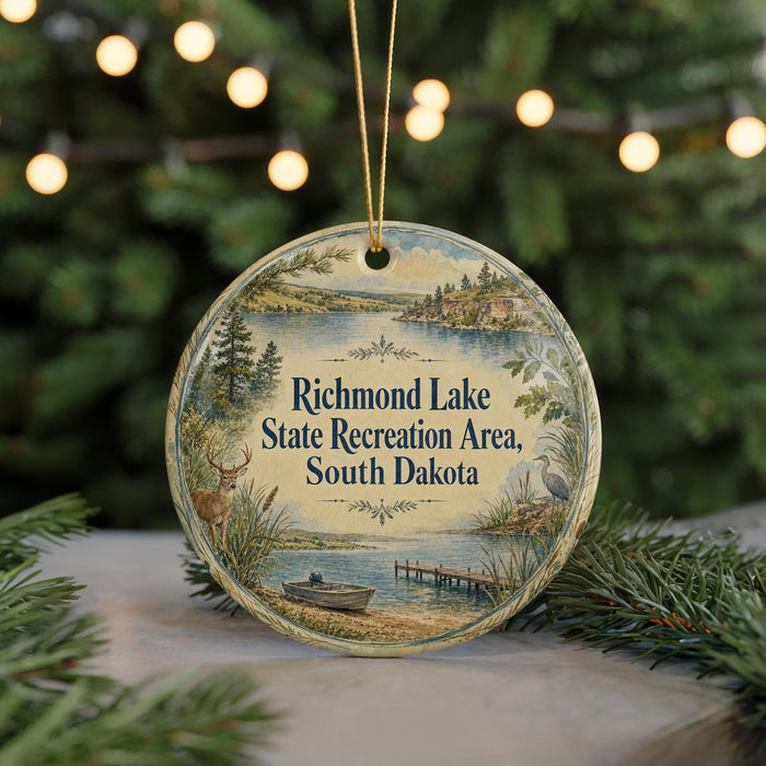 A round ornament with a scenic lake and forest landscape, featuring text that reads "Richmond Lake State Recreation Area, South Dakota".