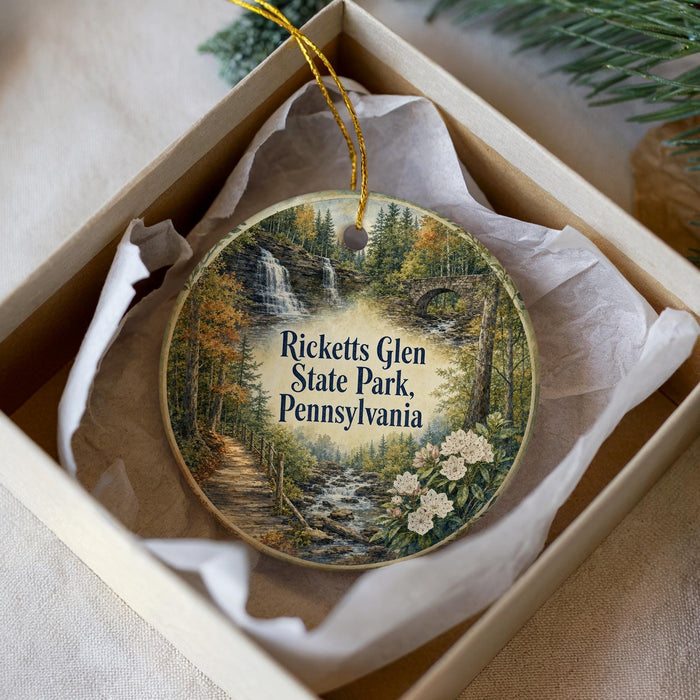 A decorative ornament in a box, featuring a scenic image of a forest and a waterfall, with the text "Ricketts Glen State Park, Pennsylvania" printed on it.