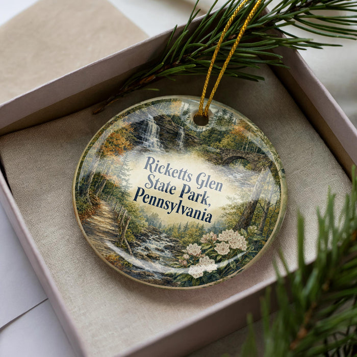 A decorative ornament in a box, featuring a scenic landscape with a waterfall and pine trees.