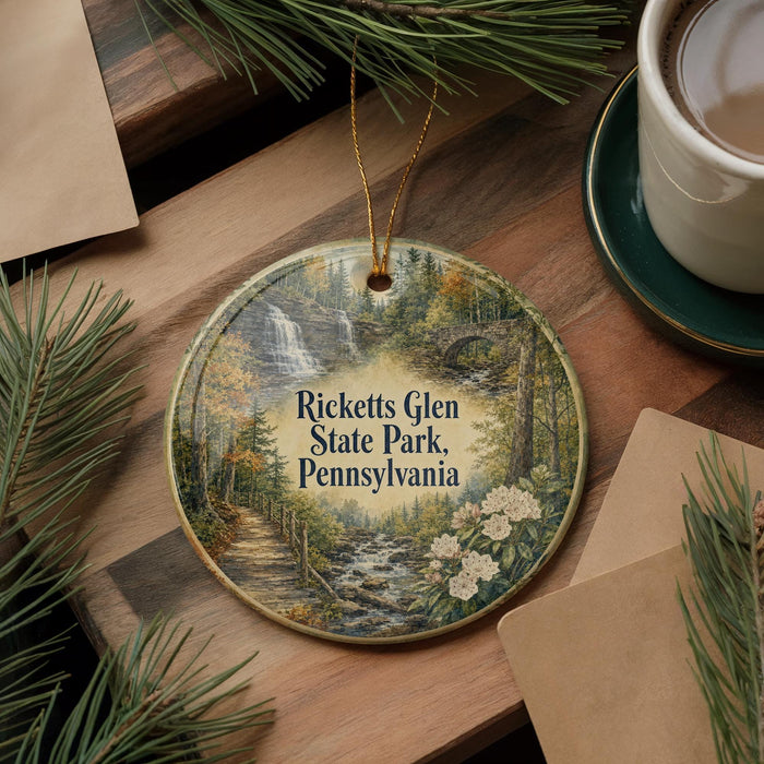 A decorative ornament featuring a scenic landscape of a waterfall and forest, with the text "Rickeyts Glen State Park, Pennsylvania" printed on it. The ornament is placed on a wooden surface, surrounded by pine branches and a cup of coffee.