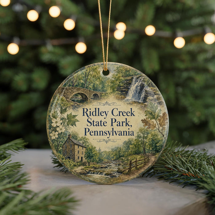 A round ornament with a scenic image of Ridley Creek State Park, Pennsylvania, featuring a house, a bridge, and a waterfall.