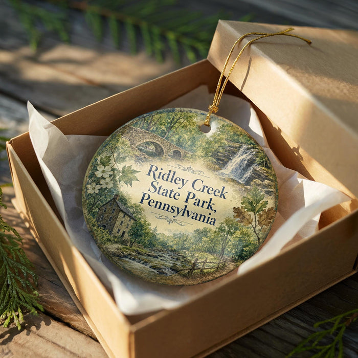 A decorative ornament in a brown box, featuring a scenic landscape with a bridge, trees, and a waterfall.