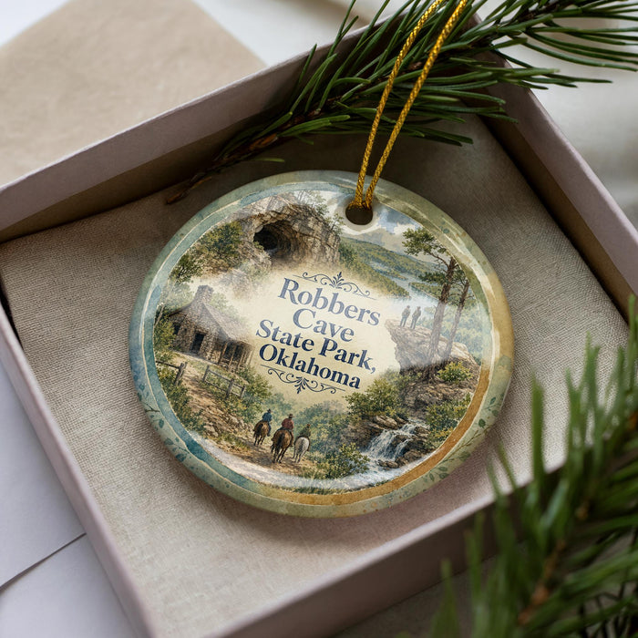 A decorative ornament with a scenic landscape of Robbers Cave State Park, Oklahoma, featuring a cabin, horses, and a waterfall.