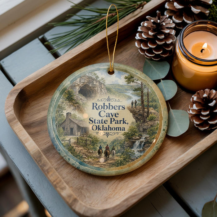 A decorative ornament featuring a scenic image of Robbers Cave State Park, Oklahoma, with a candle and pine cones on a wooden tray.
