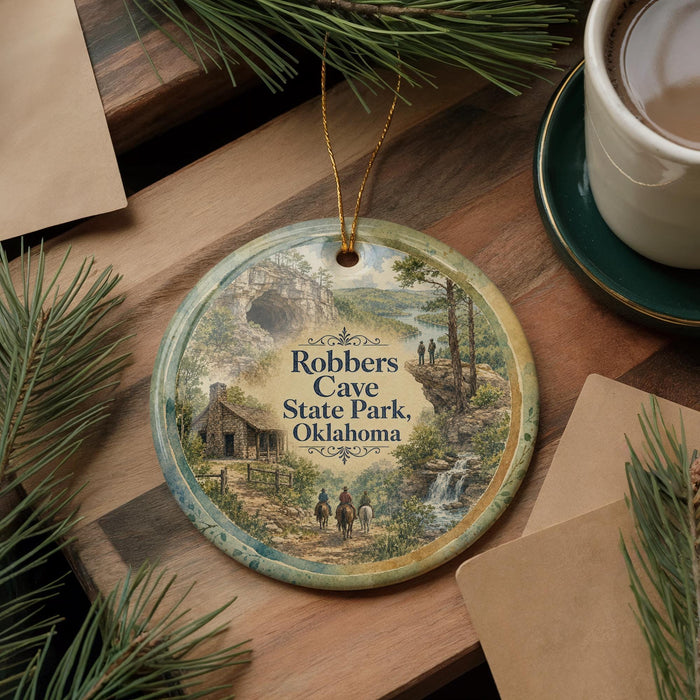 A round ornament with a scenic image of Robbers Cave State Park in Oklahoma, featuring a cabin, a waterfall, and people walking along a path.