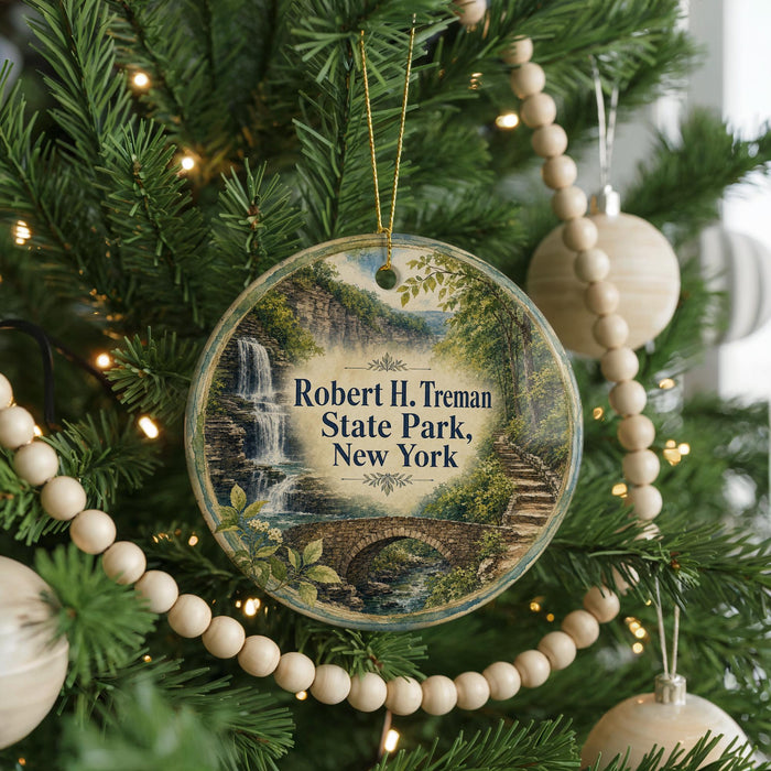 A round ornament hanging on a Christmas tree, featuring a scenic image of Robert H. Treman State Park in New York.