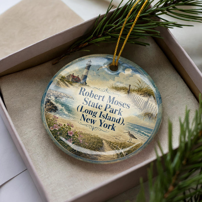 A decorative ornament with a lighthouse and beach scene, featuring text that reads "Robert Moses State Park (Long Island), New York".