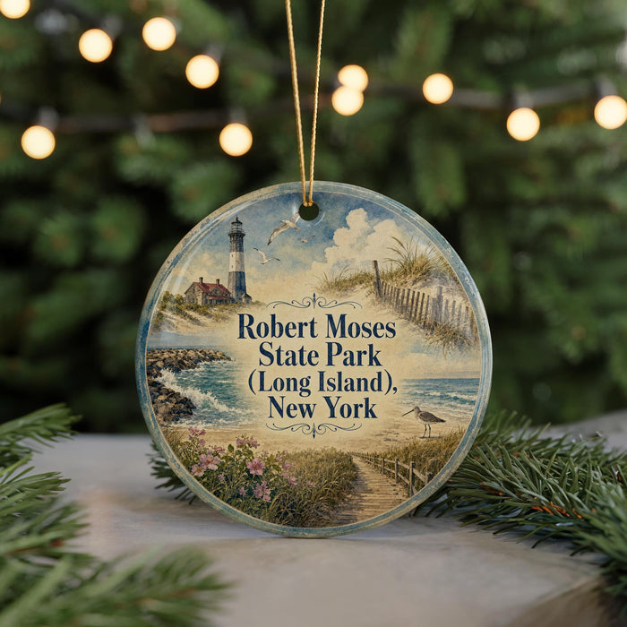 A round ornament featuring a lighthouse and beach scene, with the text "Robert Moses State Park (Long Island), New York" displayed prominently.