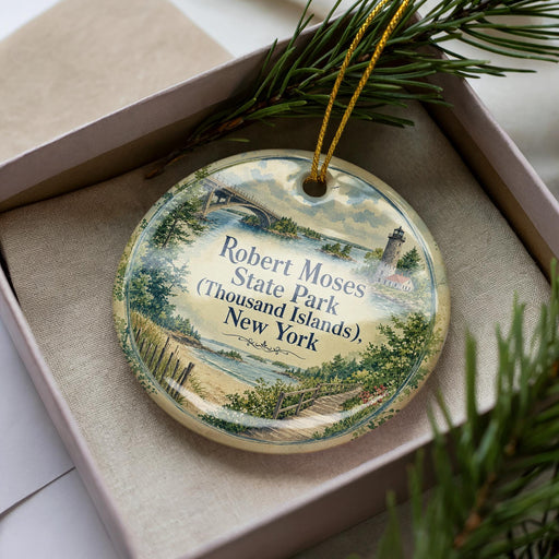 A decorative ornament in a box, featuring a scenic image of Robert Moses State Park in New York.