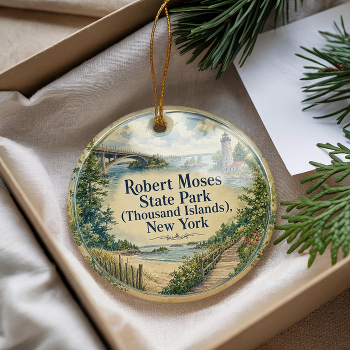 A decorative ornament with a scenic image of Robert Moses State Park in New York, featuring a lighthouse and a bridge, is displayed in a box with pine branches.
