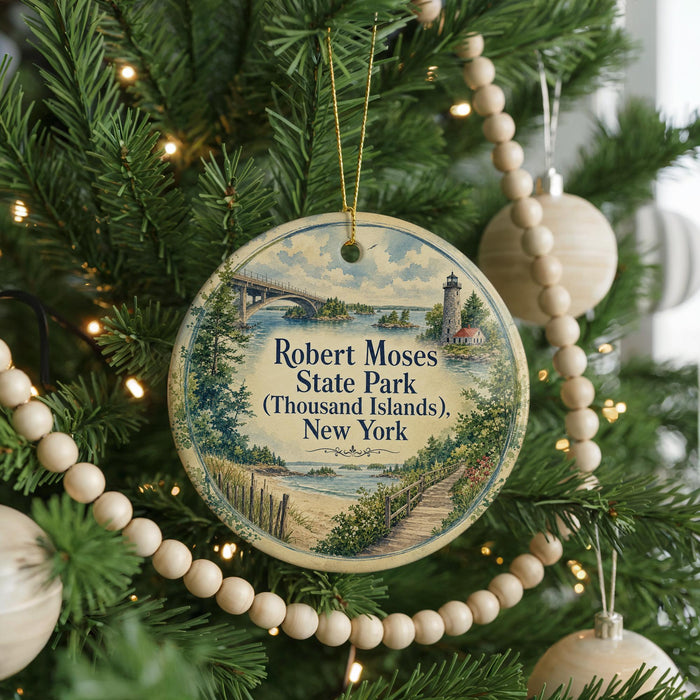 A round ornament hanging on a Christmas tree, featuring a scenic image of Robert Moses State Park in New York.