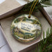 A decorative ornament in a box, featuring a scenic landscape with a house, trees, and a body of water.