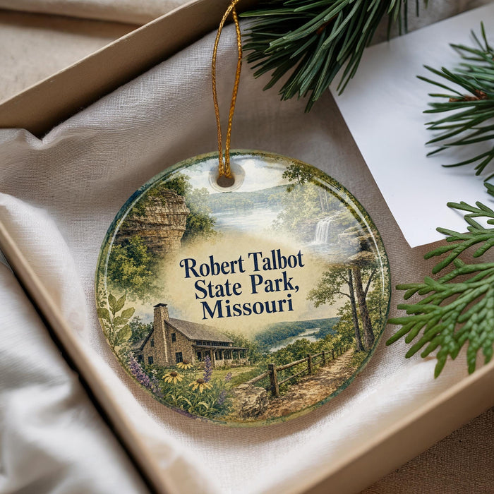 A decorative ornament with a scenic landscape of Robert Talbot State Park, Missouri, featuring a house, a river, and a forest.