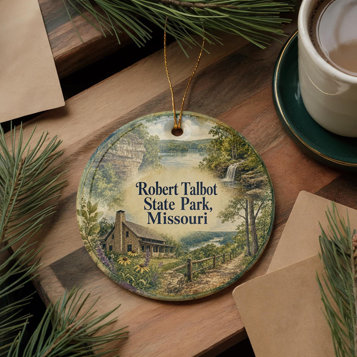 A round ornament with a scenic image of Robert Talbot State Park, Missouri, hanging on a wooden surface.