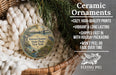 a ceramic ornament hanging from a wicker basket, with a description of the ornament and its features.
