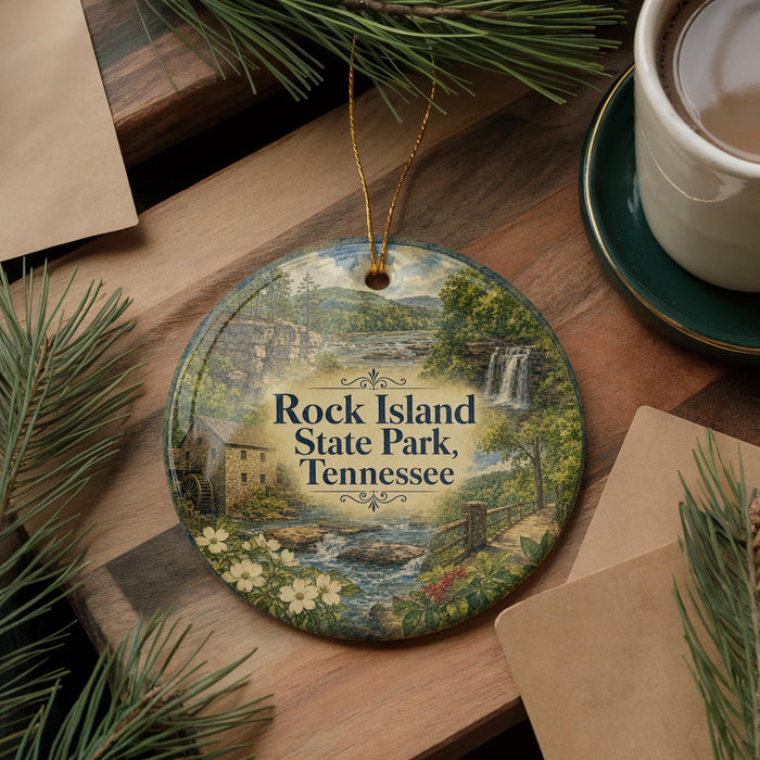 A decorative ornament featuring a scenic landscape of Rock Island State Park, Tennessee, with a waterfall and pine trees.
