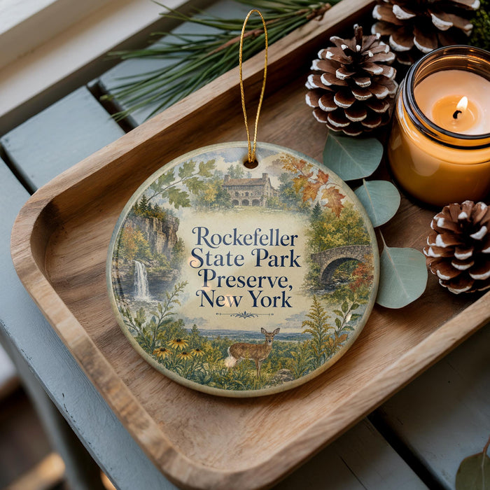 A decorative ornament with a scenic image of a park, featuring a deer, trees, and a waterfall, is displayed on a wooden tray alongside pine cones and a lit candle.